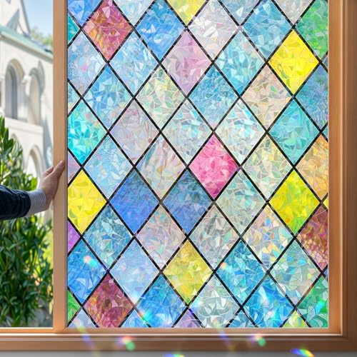 Mgood Vinilos para Cristales Efecto Arcoiris Vinilo para Ventanas Patrón de Rombos Decorativos Translucido Vinilo Adhesivo Cristal Electrostática Anti UV Lámina Privacidad Ventana 30x100cm