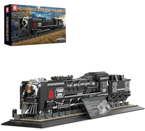 Reobrix Steam Locomotive Train Building Set with Track, 9000-Type Classic Cargo Train Brick Model Kit for Adult, 66801 Retro Vehicle Home Office Decor, Gifts for Kid Boy Girl 14+ (1546PCS)
