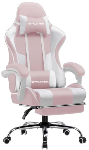 GTPLAYER Fabric Gaming Chair, Massage Ergonomic Computer Chair with Footrest, Lumbar Support, Headrest, Height Adjustable Home Office Reclining PC Racing Chairs Pink
