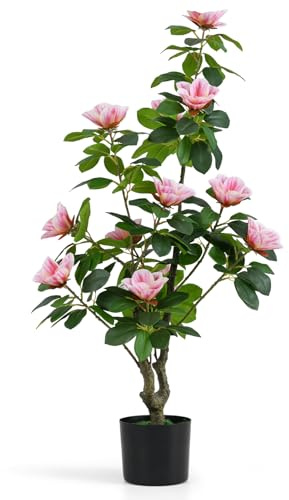 COSTWAY 90CM/100CM Artificial Flower Tree, Fake Blooming Flower Plant in Cement Pot with Realistic Leaves & Trunk, Indoor Faux Floral Potted Plant for Home Office Decor (1, 100cm, Pink Magnolia Tree)