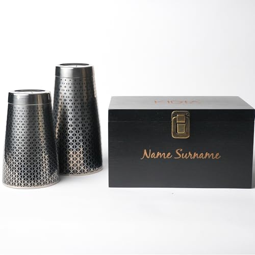 Kidia Boston Shaker Professionale in Acciaio Inox 304 con Pattern Geometrico Nero – Set 2 Tin 828 ml + 424 ml – Cofanetto in Legno Incluso – Kit Bartender per Cocktail, Bar (Personalizzato)