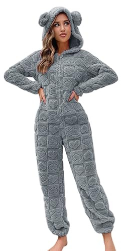 Generisch Pigiama intero da donna, in pile corallo, con grazioso cappuccio dei cartoni animati, a maniche lunghe, con motivo a cuore, caldo, morbido, biancheria da notte, O grigio., L