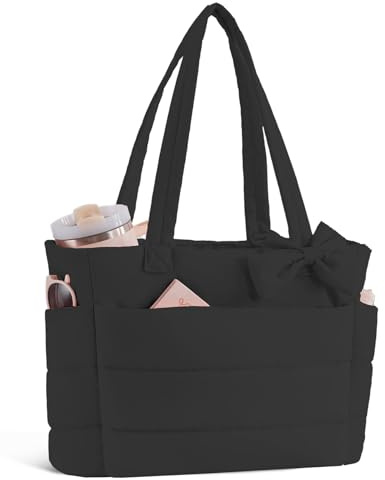 CTWWFS Puffer Tote Bag for Women, Quilted Bow Tote Bag with Cup Holder & 15.6 In Laptop Compartment for Work, Travel, Gym, College
