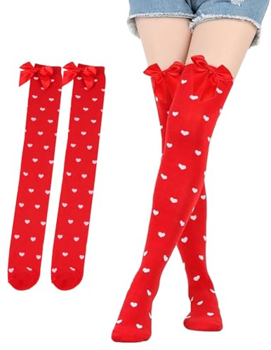 WANTUSHUI Bas au-dessus du genou pour femme, chaussettes en forme de cœur, bas autofixants avec nœud, chaussettes en forme de cœur avec nœud – Costume Amor/Harley Quinn pour femme, chaussettes hautes