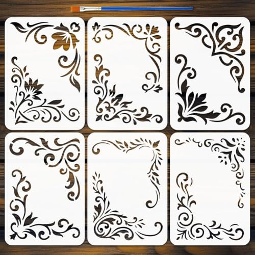 FINGERINSPIRE 6 Pz Stencil per Bordi e Angoli con Pennello, 14.8x10.5cm Stencil per Bordi Floreali Modelli per Cornici Angolari per Dipingere su Mobili da Parete in Legno, Decorazioni Fai da Te