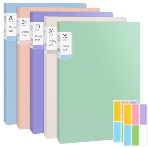Confezione da 5 raccoglitori A4, 20 tasche, con buste in plastica, cartelle per documenti A4 con tasche in plastica, cartelle per progetti di presentazione di certificati, per ufficio, casa, scuola
