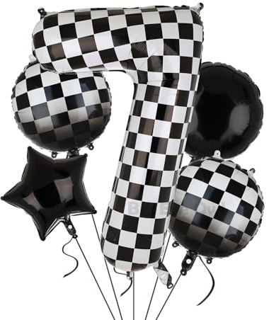 100 cm, numero controllato, 7 palloncini a elio in Mylar XXL, colore nero, bianco, confezione da 5 pezzi, 7 pezzi da corsa, per feste di compleanno, Race Car Theme