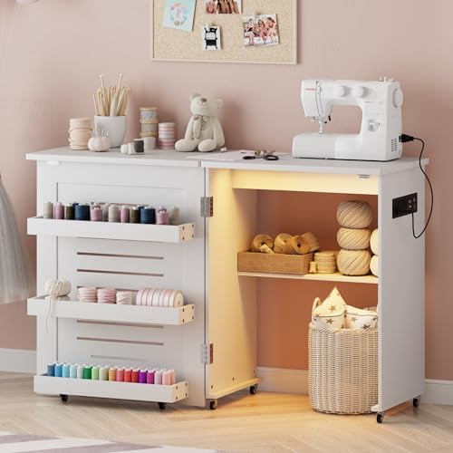 Nähtisch klappbar mit Ladestation und Led Beleuchtung,Weiß