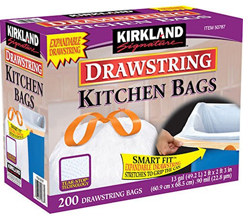 Kirkland Signature 13 Gallon 200 Ct Carton 100% recyclable Heavy Duty Drawstring Kitchen Trash Bags Garbage Bag,White