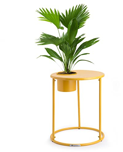 blumfeldt Couchtisch Rund mit Blumentopf, Dekorativer Beistelltisch Klein, Runder Metall-Tisch für Wohnzimmer/Kinderzimmer, Kleiner Beistelltisch mit Abnehmbarem Topf, Mini-Beistelltisch, Gelb