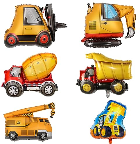 Lot de 6 ballons en aluminium pour voiture, pelleteuse, bulldozer, hélium, chariots élévateurs, grue, mélange de béton, camions, véhicules de construction, ballons en mylar pour thème voiture, fête,
