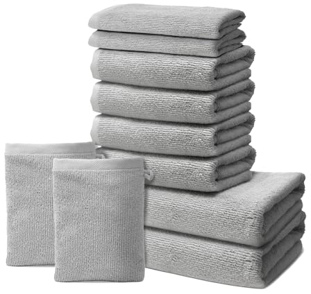 10 er Set Handtücher | 2 Badetücher 70x140cm + 4 Handtücher 50x100cm + 2 Gästehandtücher 30x50cm + 2 Waschlappen 15x20cm | Weich & Flauschig | 100% Baumwolle | 500g/m² | Oeko-Tex | Ôhm | Hellgrau