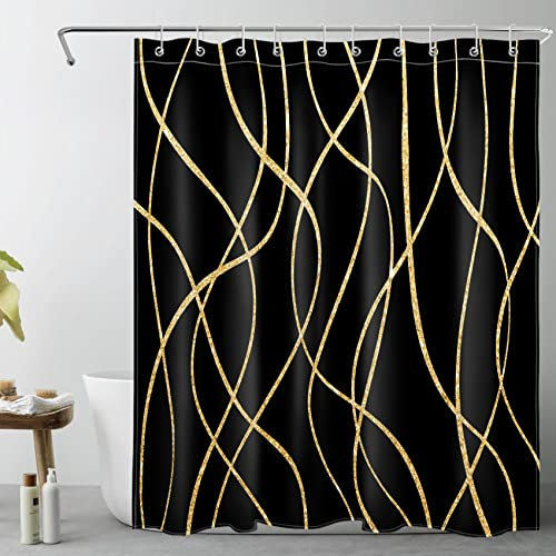 LB Abstrakt Duschvorhang 150x180cm(BxH) Gold gestreift Antischimmel Wasserdicht Badezimmer Vorhänge, Modernes geometrisches Schwarz Kurz Polyester Stoff Bad Vorhang mit Haken