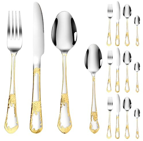 Cutlery Set, Stainless Steel Flatware Set,transparent plastic, Spoon Knife and Fork Set,16 Pieces Sunflower Carving Handle Kitchen Stainless Steel Silverware Tableware Flatware Cutlery Set for 4 Peopl