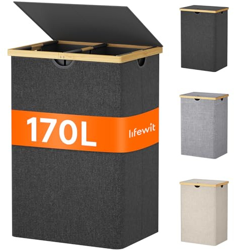 Lifewit 170L Bambus Wäschekorb mit Deckel, Faltbar Wäschesammler 3 Fächer Wäschesortierer mit Abnehmbarem Wäschesack Bambus Griffen Wäschebox Laundry Baskets für Waschküche, Schlafzimmer, Schwarz