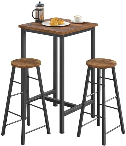 WOLTU Set Mobili da Bar Tavolo con 2 Sgabelli Alti Arredo per Cucina in Acciaio Legno, Tavolo Cucina 60 x 60 x 100 cm, Marrone rustico + Nero