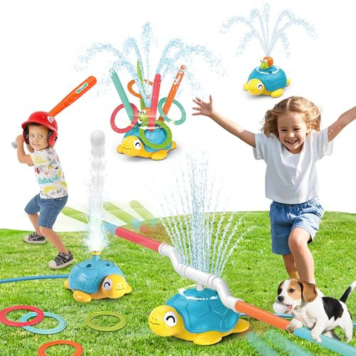 4 in 1 Wasserspielzeug Kinder Outdoor, Sommer Schildkröte Wassersprinkler Spielzeug mit Baseball, Wurfspiel, Sprungaktion & 360° Drehende Splash Spiele, Garten Spielzeug für 3-12 Jahre Jungen Mädchen