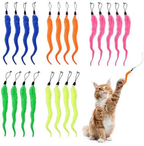 QSZHSL 20 Piezas Gusano de Cola Peluda con Campana, Recambio de Juguete para Varita de Gato, Recambios de Juguete de Gusano de Gato, Colgante de Caña de Pescar, Juguetes para Gatos