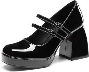 DREAM PAIRS Scarpe con Tacco Alto Mary Jane a Piattaforma per Donna, Tacco Chunky Chiuso, Décolleté con Doppio Cinturino in Stile Y2K,Size 41,Nero-Pat,DWUMPU2572