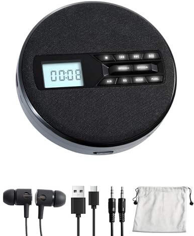 CD Player Portable with Speakers - Rechargeable Personal CD Player for Car and Home, Small Fabric Music Player with Backlit Display, Anti-Skip, AUX/USB Port - Ideal for Audiobooks & Gifts
