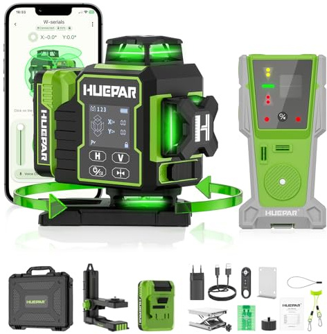 Livella Laser Autolivellante 16 Linee con Ricevitore Huepar, 4x360 °Livello Laser Autolivellante Verde Bluetooth, Batterie Ricaricabili,Staffa Magnetica,Telecomando Custodia Portatile-W04CG 8RG