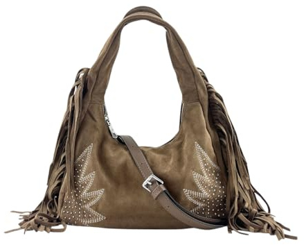 MODELISA - Bolso Hobo de Hombro con Flecos y Detalles de Tachuelas Estilo Casual para Mujer (Taupe)
