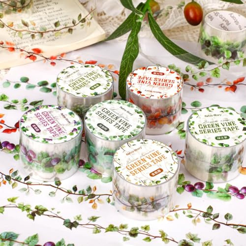 Kesari 6 rullar PET Washi Tape Sticker tillbehör, växter vintema klistermärken klippbok klistermärken tejp för gör-det-själv bullet journaler, fotoalbum, dator och scrapbooking (grön vinröd)