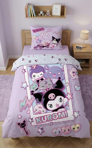 Kuromi Duvet Cover 140 x 200 cm with Pillowcase 70 x 90 cm – Children's and Teenagers Bedding Set – 100% Ultra Soft Microfibre – Reversible Design Lilac and Pink