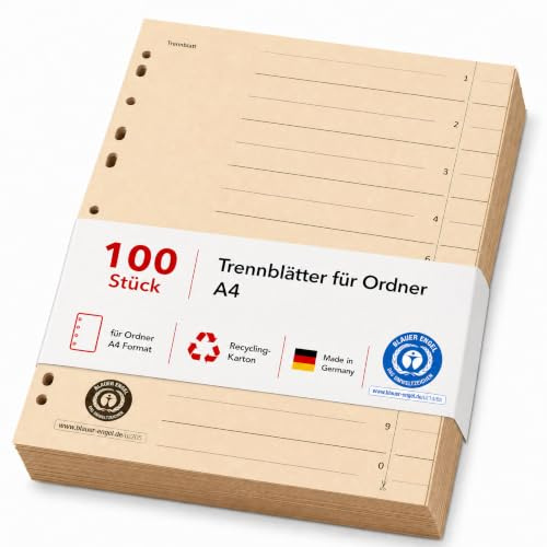 Conipa Lot de 100 intercalaires DIN A4 - Intercalaires en carton recyclé - Avec perforation européenne - Ange bleu - Fabriqué en Allemagne - Bandes de séparation pour classeur - Chamois