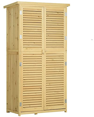 Outsunny Casetta in Legno da Giardino con Tetto Impermeabile, Armadio da Esterno Porta Attrezzi da Giardino con 4 Scompartimenti, 87x46.5x160cm, Color Legno