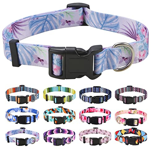 Mihqy Dog Collar for Large Dogs, Cute Small Medium Large Dog Pet Collar, with Floral Patterns, Soft Adjustable for Boy Girl Female Male Puppy Dog Collar(Purple Monstera,L)