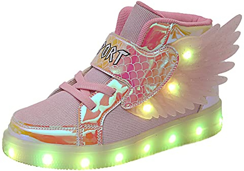 YUNICUS Wings Zapatillas iluminadas para niños y niñas, zapatos LED, carga USB, zapatos luminosos, zapatillas intermitentes, zapatillas de deporte para Halloween, Navidad, cumpleaños, Rosa., 31 EU