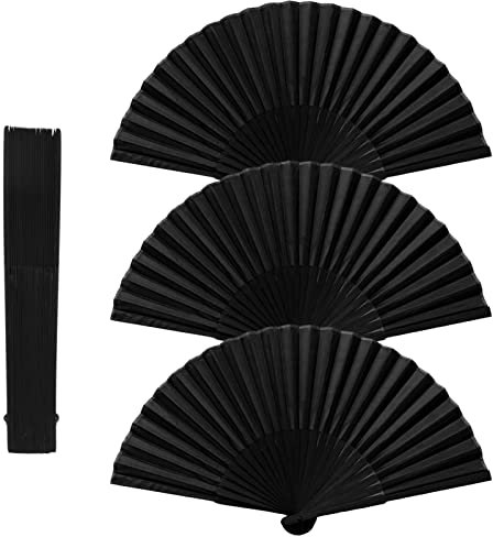 Karjiaja 3 Pcs Folding Handheld Fan - Black Chinese Bamboo Fan with Silk Fabric - Hand Held Fans for Women