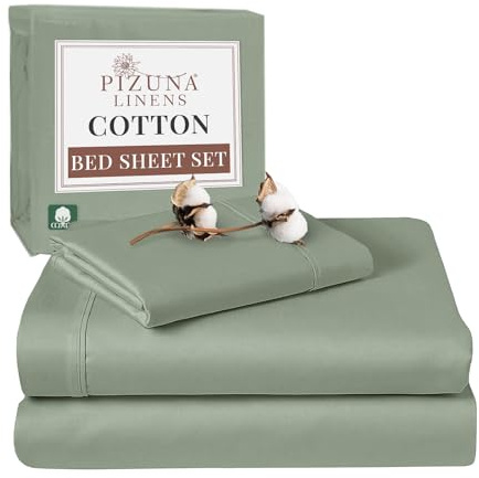 Pizuna 100% Cotton Single Bed Sheet Set Sea Foam, 400 Thead Count Long Staple Cotton Bedding Set 180x280 cm, Soft Sateen 3 PC Single Bed Sheet Set - Fitted Sheet, Flat Sheet & 1 Pillowcase