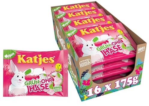 Katjes Grün-Ohr Hase Vorratspack – Vorrats-Box Schaumzucker mit Fruchtgummi in Häschen-Form, fruchtiger Mix in unterschiedlichen Geschmacksrichtungen, vegan, 16 x 175 g