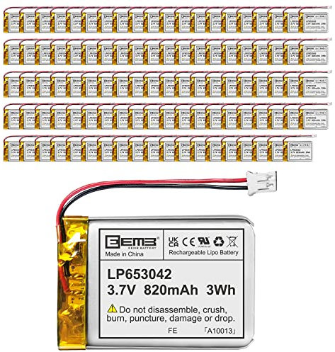 EEMB Lithium Polymer battery 3.7V 820mAh 653042 Lipo Rechargeable Battery Pack with wire JST Connector-confirm device & connector polarity before purchase(100)