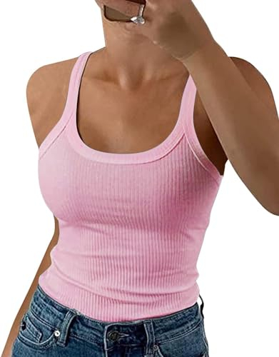ELFIN Damen Spaghetti Top Gerippt Sommer Sexy Tank Top Cami Oberteile Ärmellos Slim Fit Basic Shirt Ribbed Träger Tops Einfarbig (XL, Rosa)