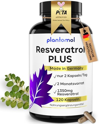 120 Resveratrol Plus Capsules with 1350 mg Resveratrol High Dose with 100:1 Extract Ratio - Pure Resveratrol Plus Complex from Plantomol® - Only 2 Capsules/Day - High Dose with Piperine - Vegan