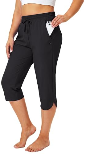 FitsT4 Sports Women's Swim Capris Pants 18 Quick Dry Bathing Suits UPF 50+ Lightweight Beach Swimwear Modest Swimsuits Bottoms with Mesh Pockets for Surfing Kayaking Swimwear Black 2XL