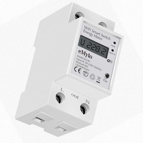 eMylo Smart WiFi Stromzähler, einphasiger DIN-Schienen-LCD-Digital-Stromzähler, Unterstützung Reverse-Metering-Funktion, Stromverbrauchsüberwachung Meter, 60A 90-250V, Unterstützung Alexa Google Assis