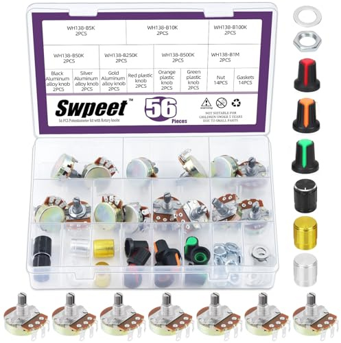 Swpeet 57 st enkel linjär roterande konisk potentiometer med plast- och aluminiumlegeringsknappsats, 5K 10K 50K 100K 250K 500K 1M ohm potentiometer kolfil variabel motstånd för ljud volymkontroll