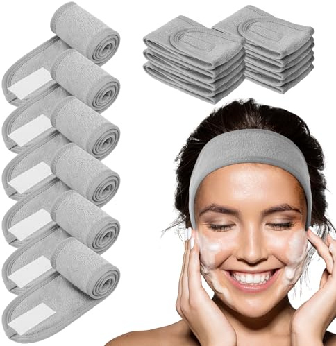 LOPHE Fascia per Capelli Cosmetica, 6 Pezzi Regolabile Spa Fascia per Capelli con Magic Tape, Fascia Regolabile Capelli per Doccia, Yoga, Sport, Spa, Grigio