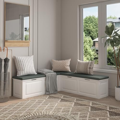 PREMTURE L-Shape Wood Shoe Storage Bench with Cushion Seat, 2 Doors & 4 Storage Compartments, Entryway Corner Bench with Padded Seat & Framed Patterns for Hallway, White & Grey