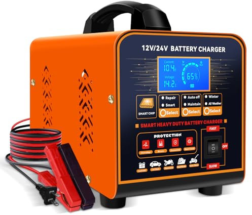 vFound 20A Cargador de Baterías Metal 12V/24V Profesional Mantenedor Automático, Cargador Inteligente con Apagado Automático, Reparación, Modo Invierno para Coche Camión Moto (Plomo, AGM, Gel, etc)