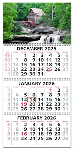 Calendar Company 2026 3 Month at a Glance Wall Calendar with Scenic Grist Mill (FREE RED DATE SLIDE!) Made in the USA! (13_Grist Mill)