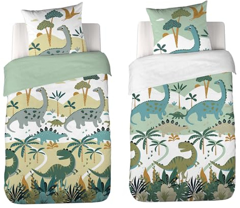 CÔTE DECO Dinosauro - Parure da letto 140 x 200 cm, copripiumino reversibile dinosauro + 1 federa 63 x 63 cm, tema dinosauro gigante in microfibra