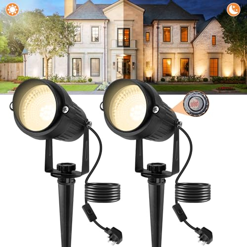 NATPOW Garden Spot Lights Mains Powered, Dusk to Dawn Outdoor Lights with Photocell Sensor, Warm White Stake Lights with 1.5M Cable, Waterproof Indoor Landscape Spotlight for Tree House (2 Pack)