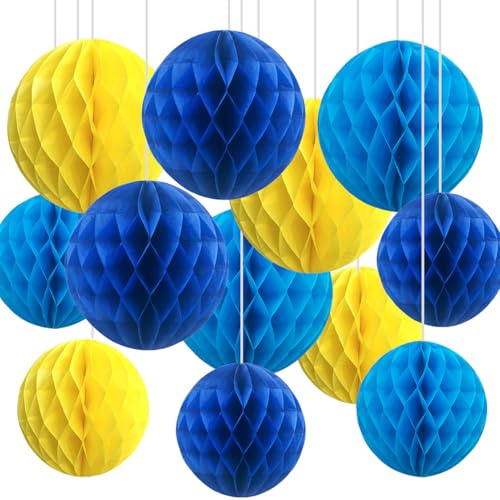 CC wonderland zone 12pcs Blue and Yellow Paper Honeycomb Balls,6 & 10 Hanging Tissue Pom poms for Birthday Party Decoration
