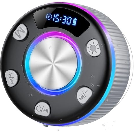 Bluetooth Shower Speaker, IP7 Waterproof Portable Bluetooth 5.3 Speakers with Loud Stereo Sound, Wireless Speaker with RGB Lights Time Display Suction Cup for Bathroom Beach Travel Outdoor Party, Gray