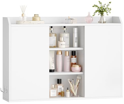 Hzuaneri Hängeschrank, Wandschrank mit verstellbaren Ablagen, mit Schiebetüren und offenen Regalen, Wandmontierter Badezimmerschrank, 20 x 90 x 60 cm, Weiß BC40203X